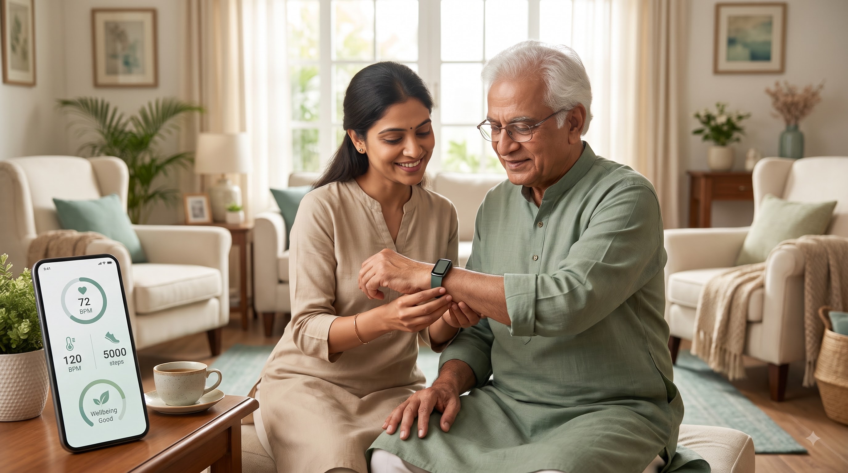 A family member reviewing their loved one's wellbeing updates through the TLC Care monitoring app