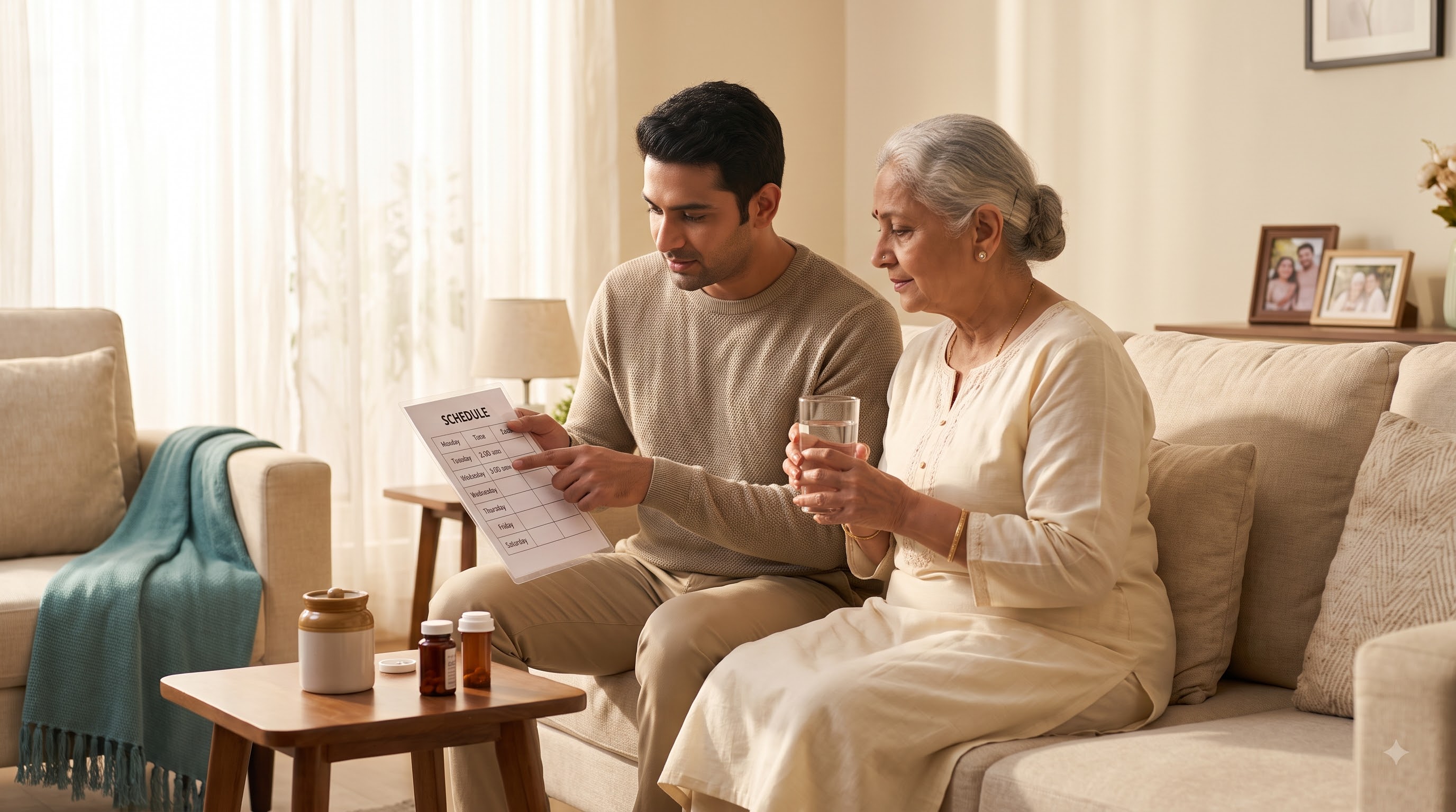 A caregiver helping an elderly person keep track of their daily medication routine