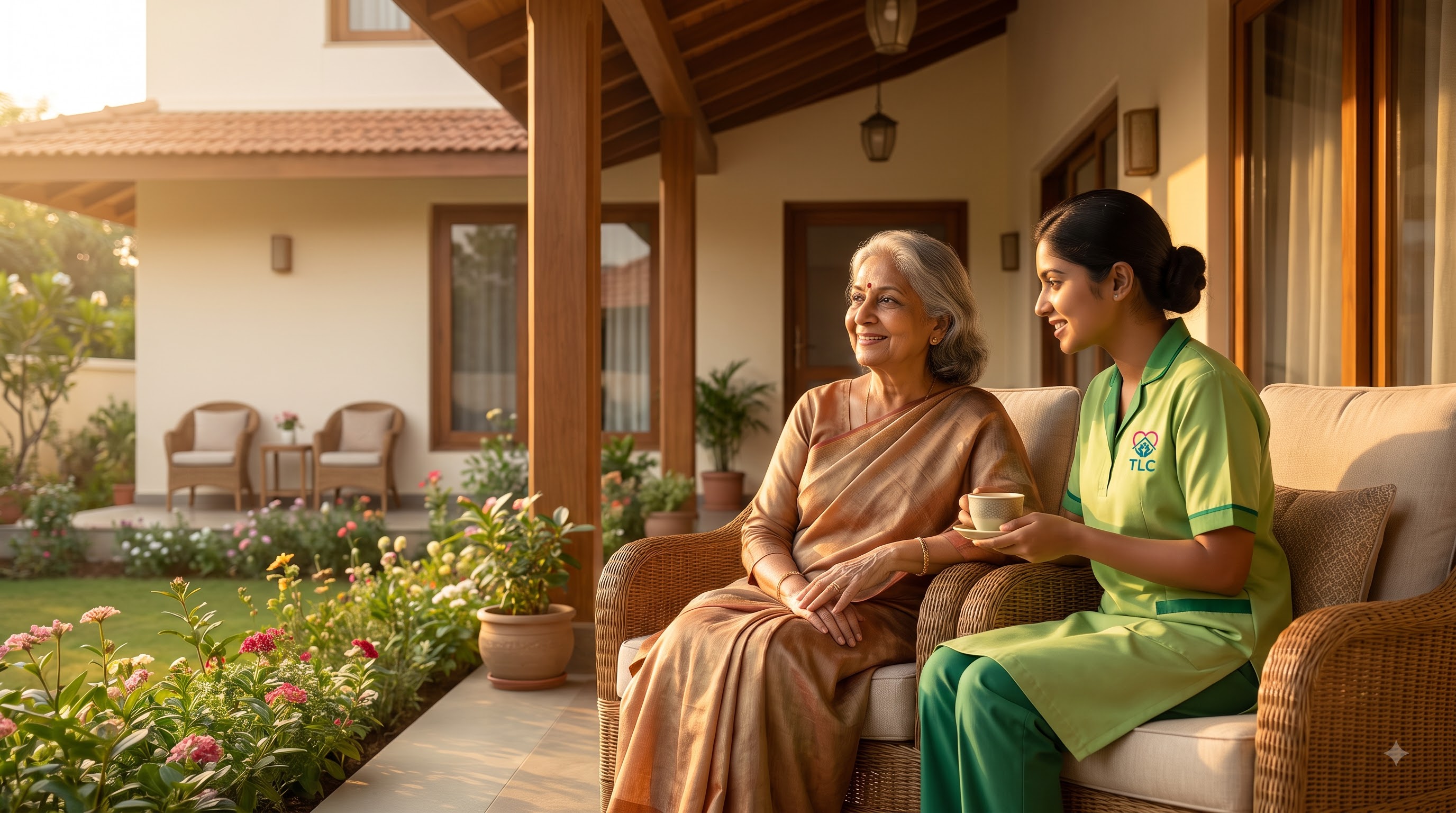 An elderly woman enjoying tea on a sunlit garden porch with her smiling TLC caregiver beside her