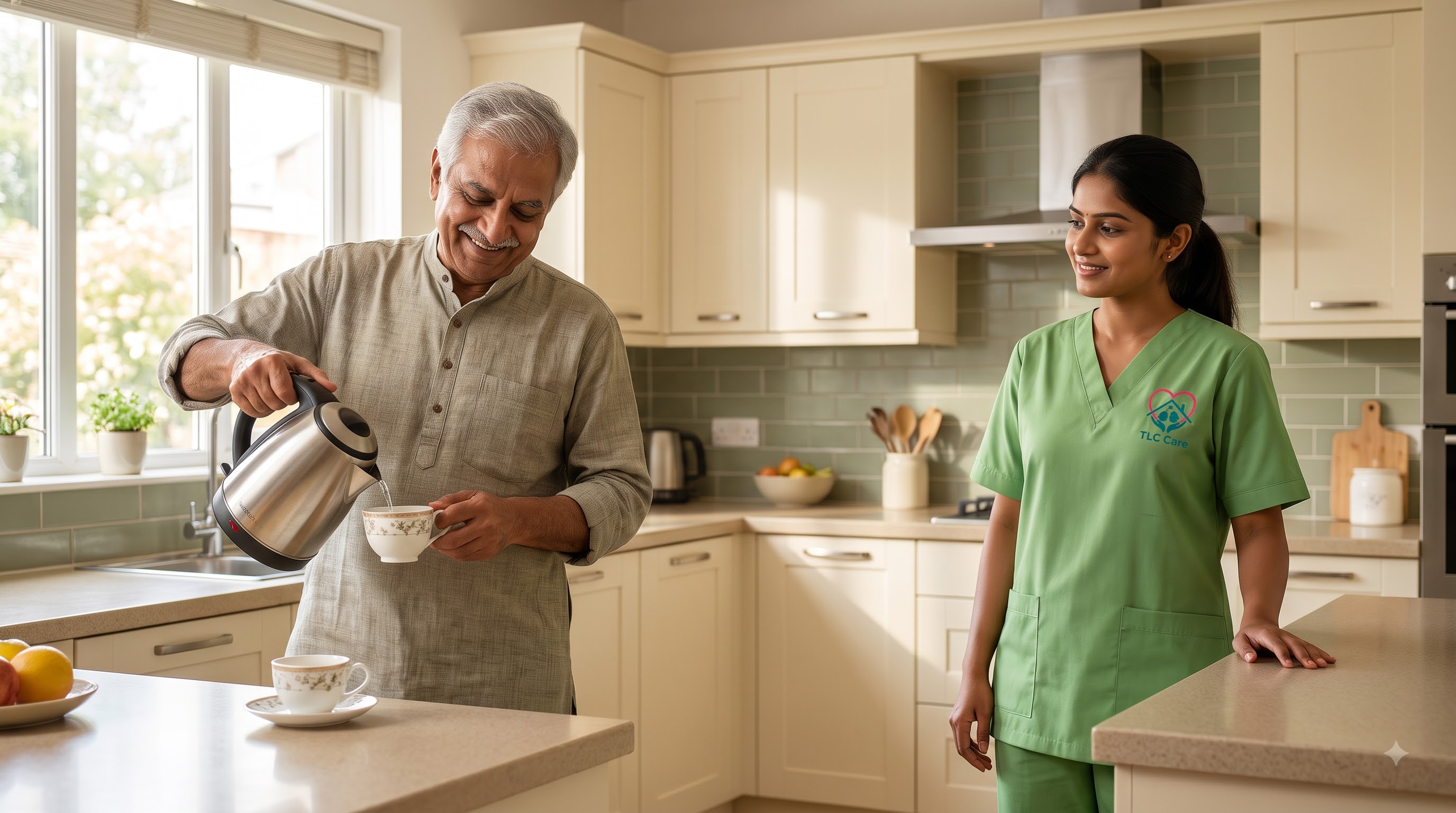 An elderly man smiles as he pours himself a cup of tea in a bright kitchen, with his TLC caregiver standing nearby, ready to help only if needed
