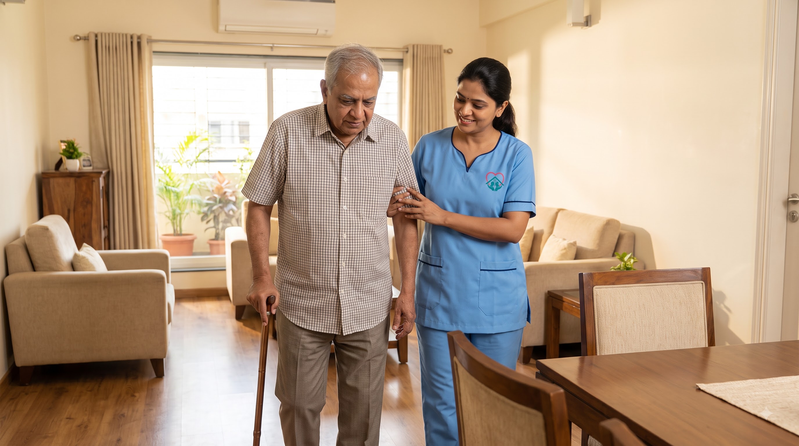 A TLC caregiver supporting an elderly man's daily mobility at home