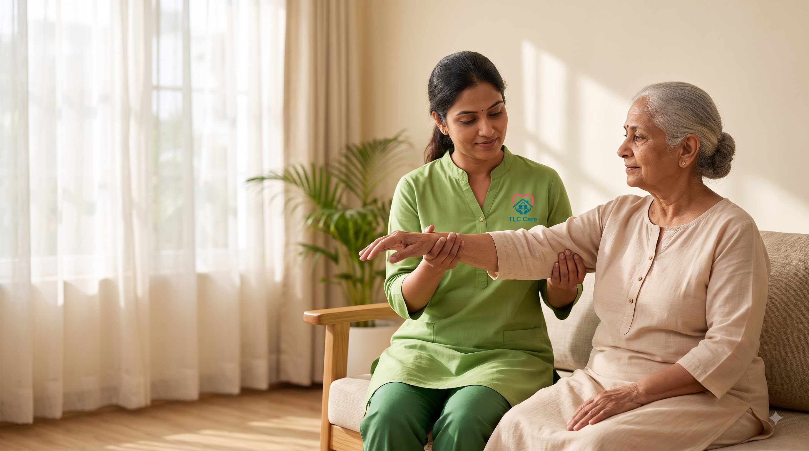 A physiotherapist guiding an elderly woman through a rehabilitation exercise at home