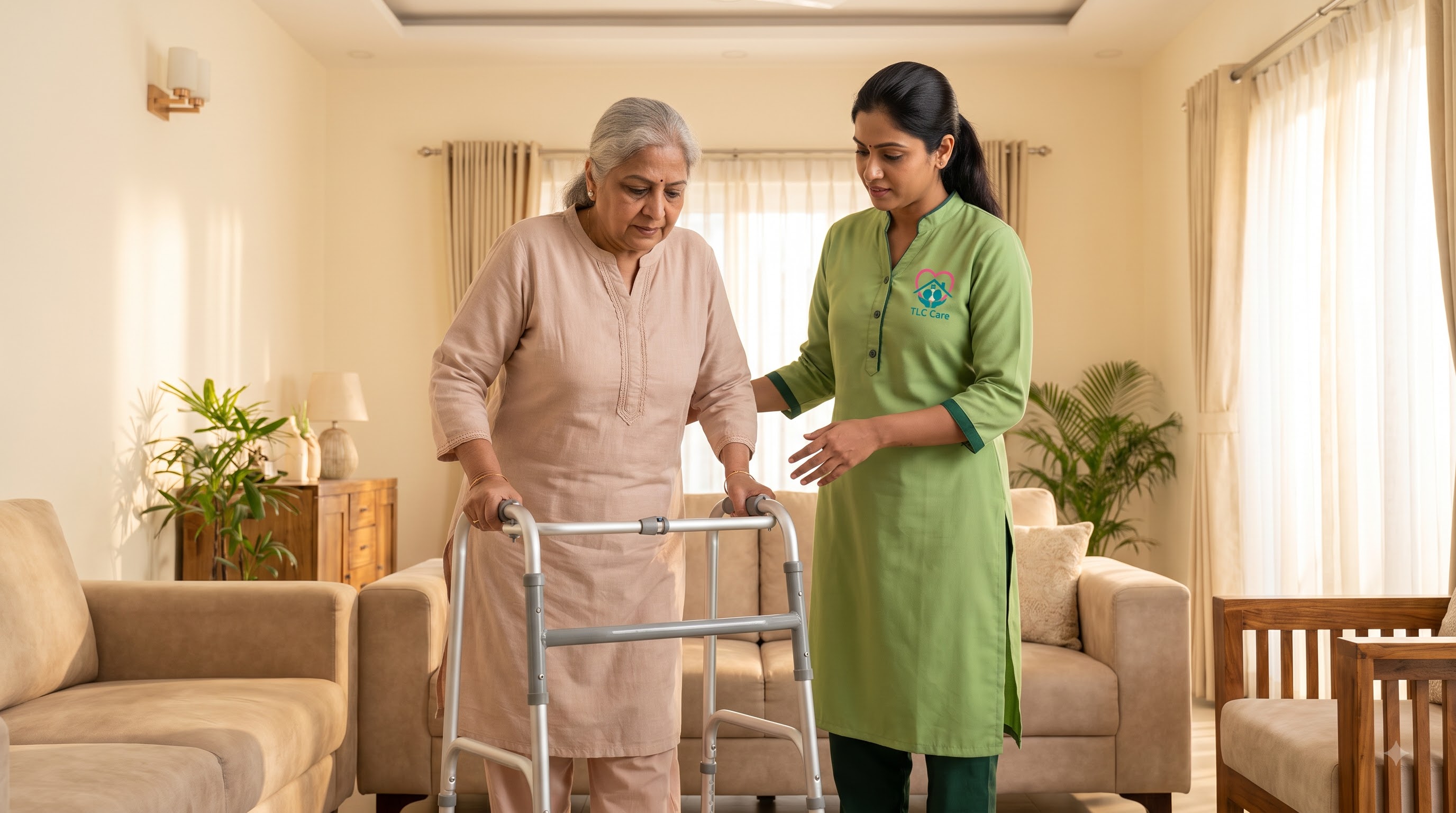 A physiotherapist guiding a patient through post-surgery rehabilitation exercises at home