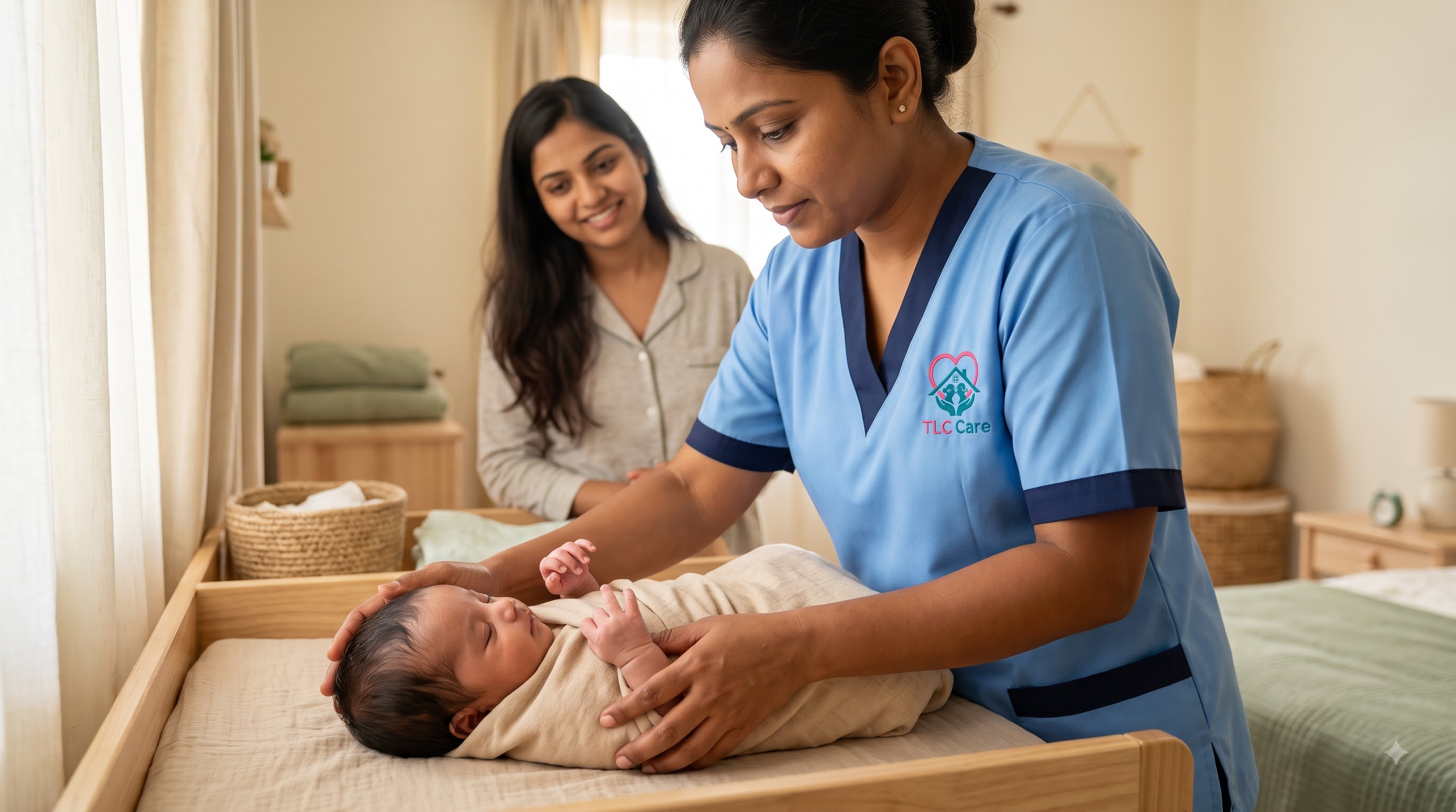 A TLC caregiver gently holding and comforting a newborn baby