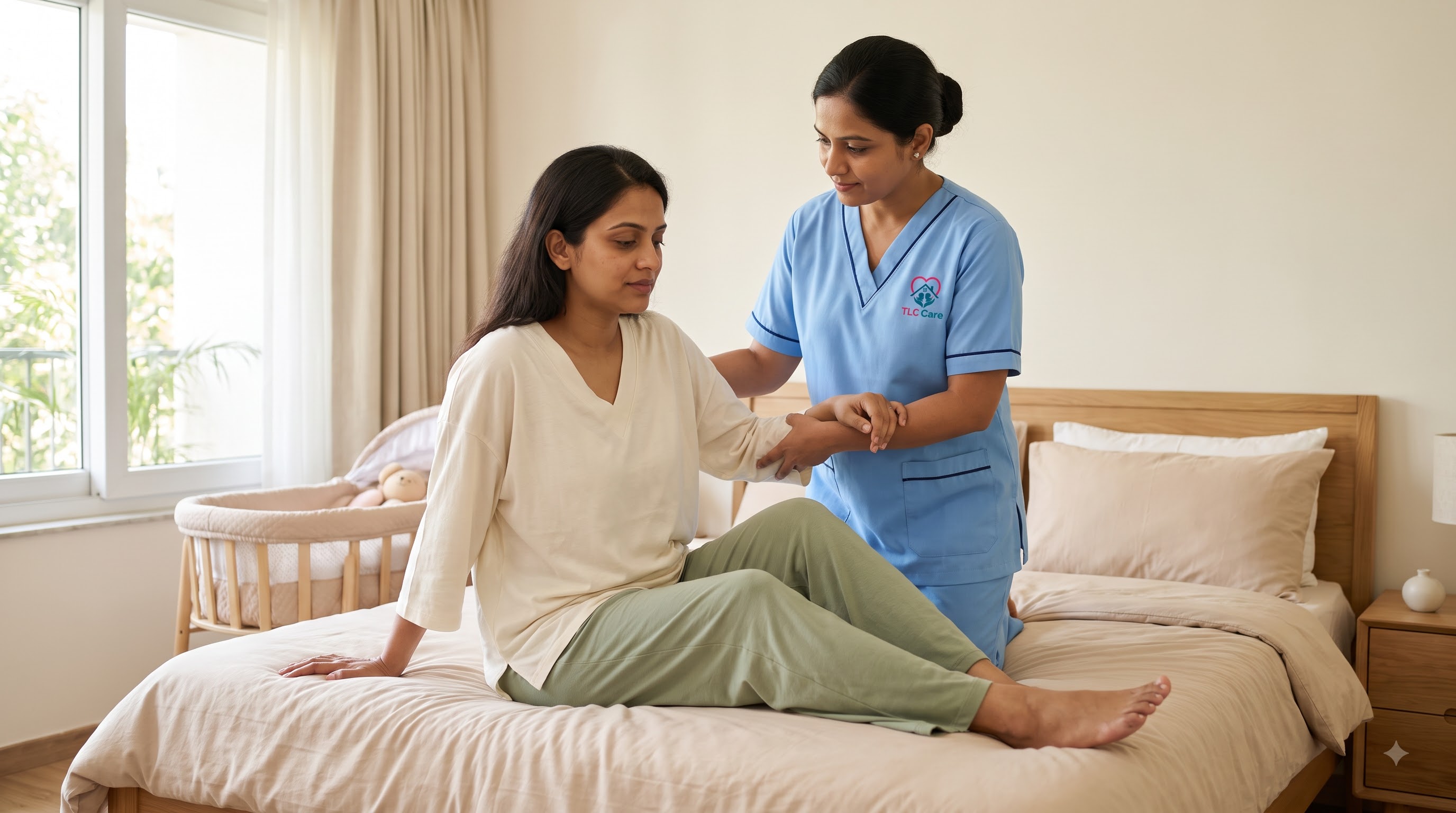 A TLC caregiver helping a mother recovering from a C-section move comfortably at home