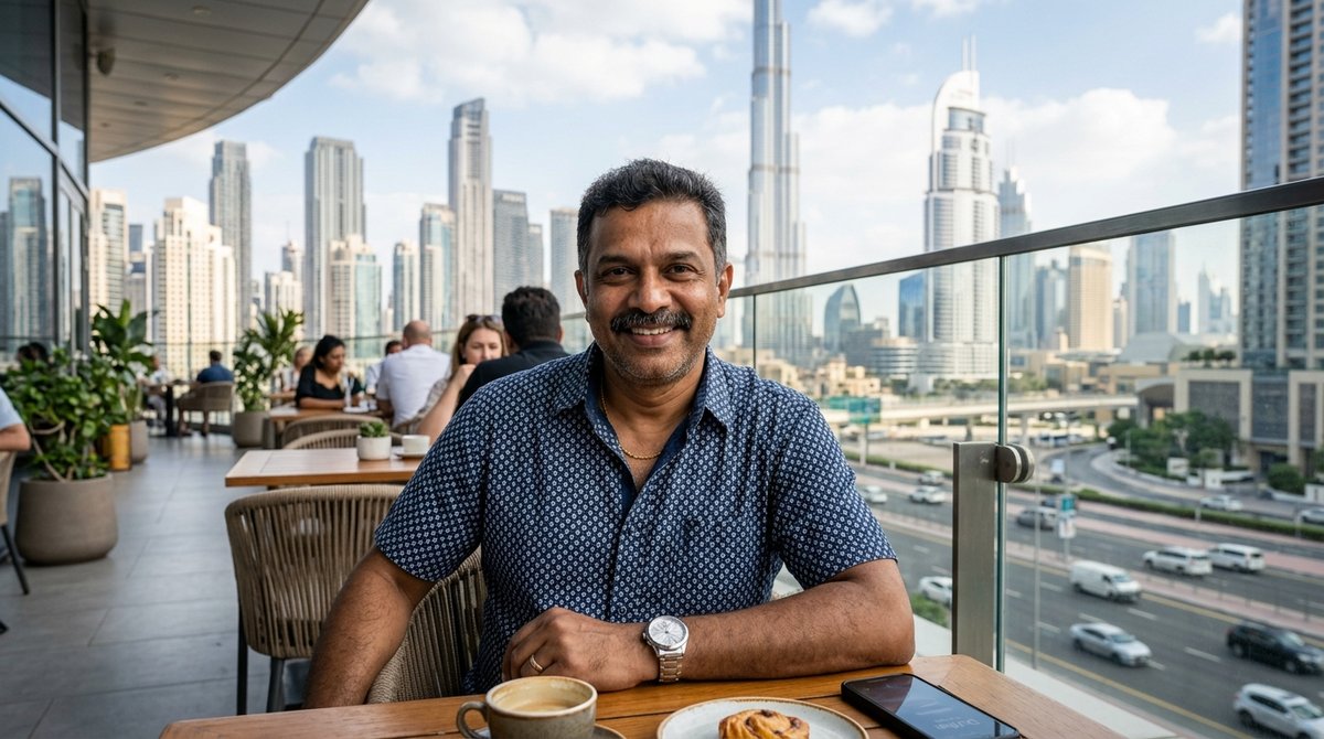 A man enjoys coffee on a Dubai balcony, phone on the table, staying connected with family back home