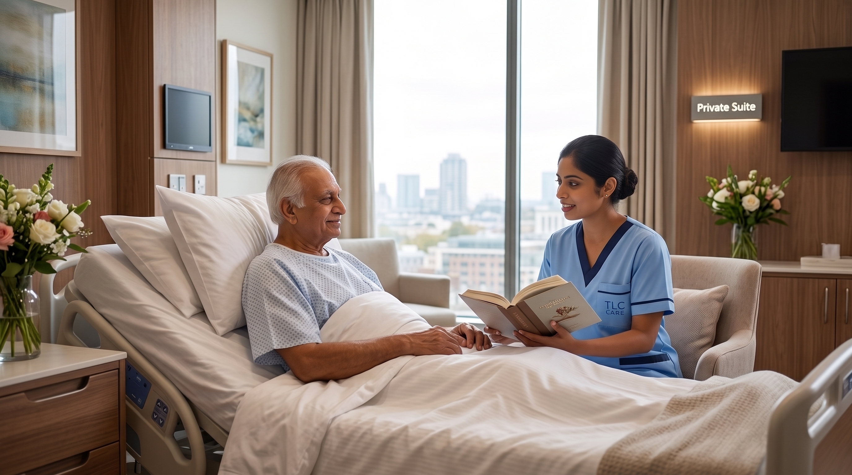 A TLC caregiver reading with a smiling elderly patient in a private hospital suite