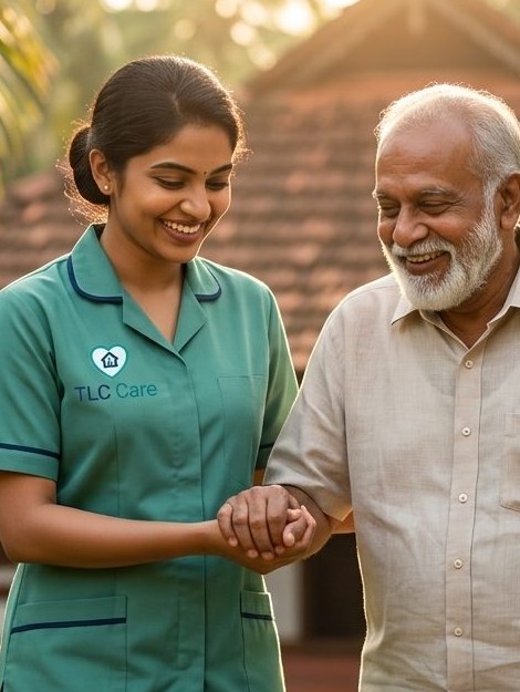 A TLC caregiver gently holding an elderly man's hand as they walk together outside his home
