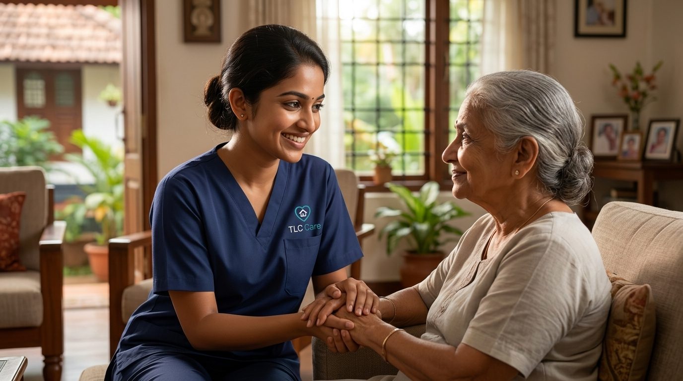 A TLC caregiver in navy scrubs kneels beside an elderly woman at home, holding her hands and sharing a smile
