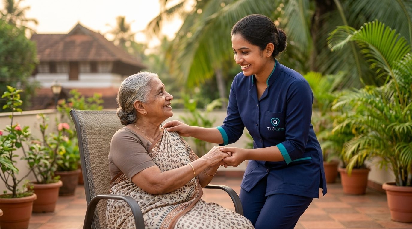 A TLC caregiver on a terrace at sunset, gently helping an elderly woman up from her chair