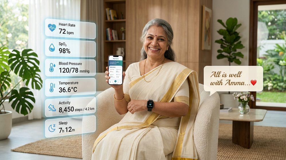 A smiling elderly woman holds up her phone showing the TLC health app with her live vitals