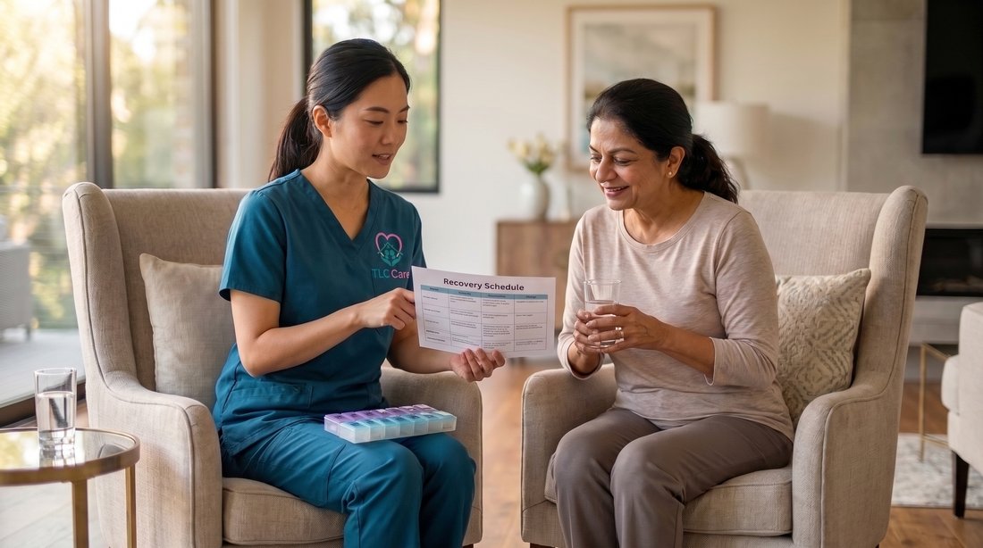 A TLC caregiver reviewing a printed recovery schedule and medication organiser with a smiling woman holding a glass of water