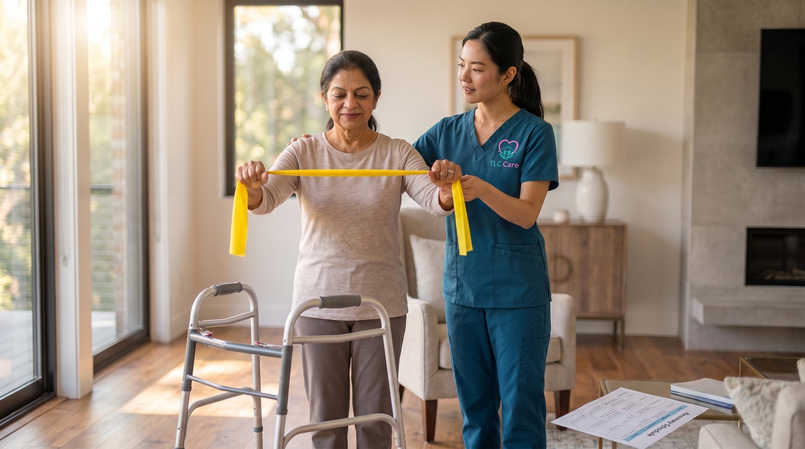 A TLC caregiver guiding a smiling woman through a resistance band exercise beside her walker, with a printed recovery schedule on the table